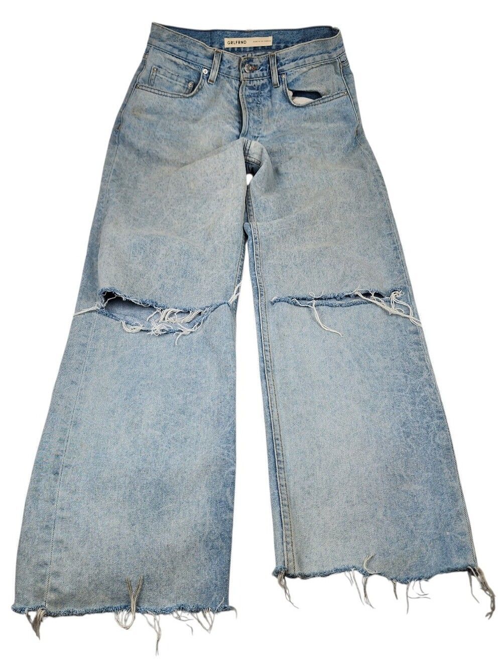 GRLFRND Womens Distressed Straight Leg Jeans Size 24 Light Wash Raw Hem Made USA